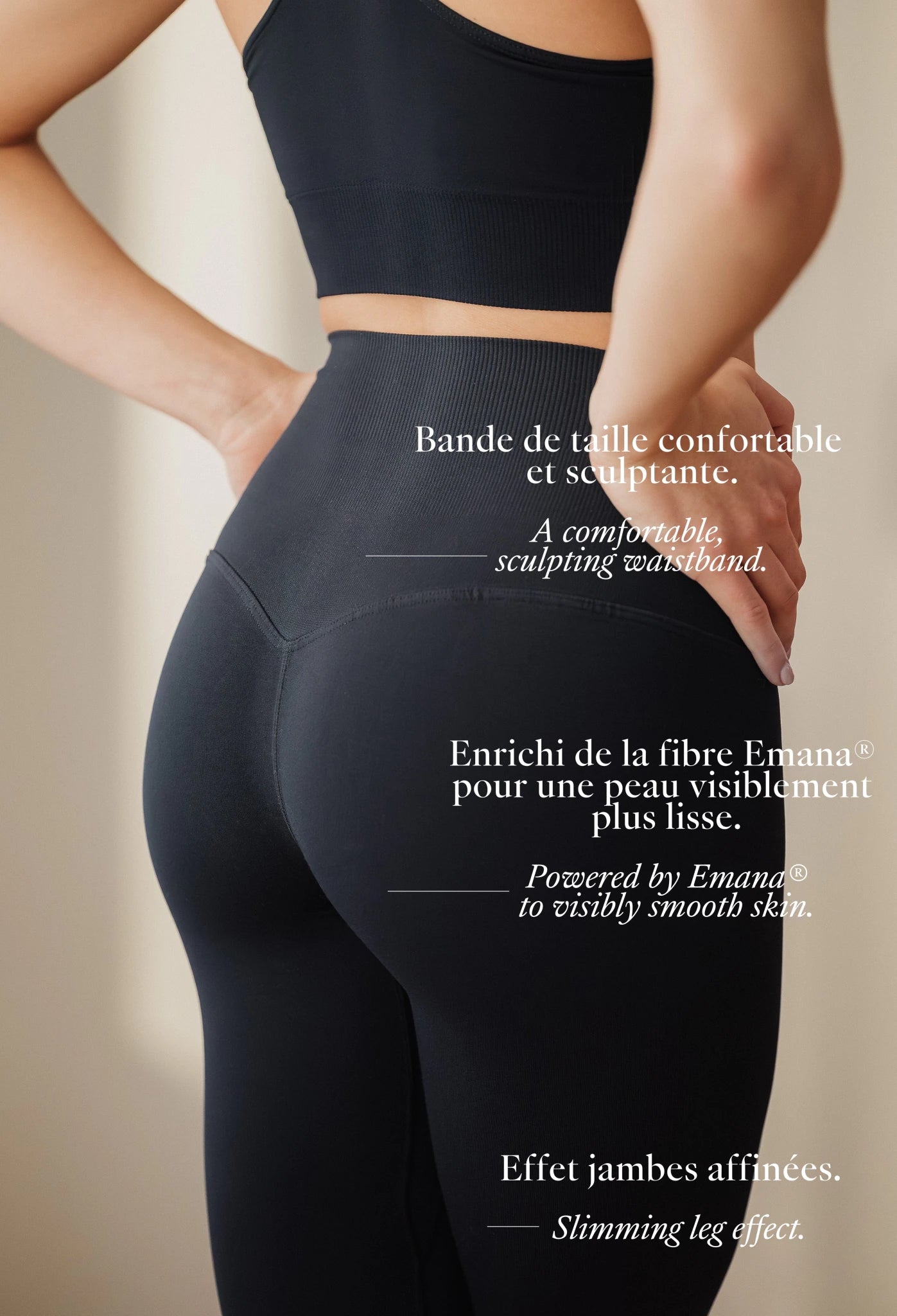 Détail bande de taille sculptante du legging long Sculpt Flow noir – Fibre Emana – Effet jambes affinées – Soje Lingerie